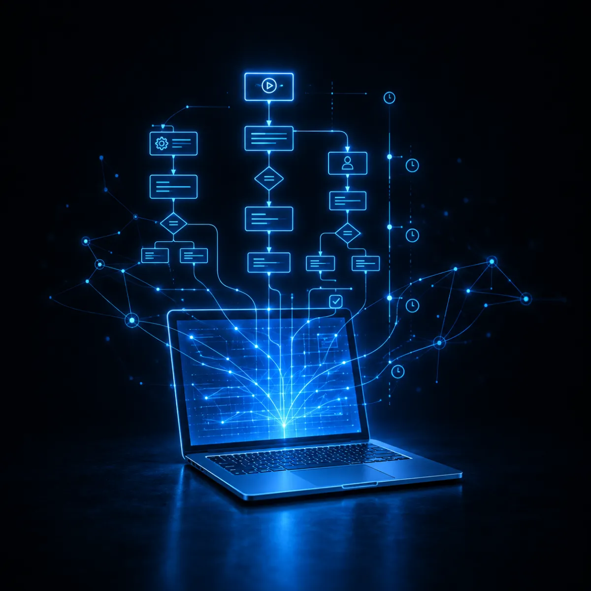 Ein einzelner Laptop, umgeben von holografischen Datenspuren, die Prozesse und Verbindungen sichtbar machen