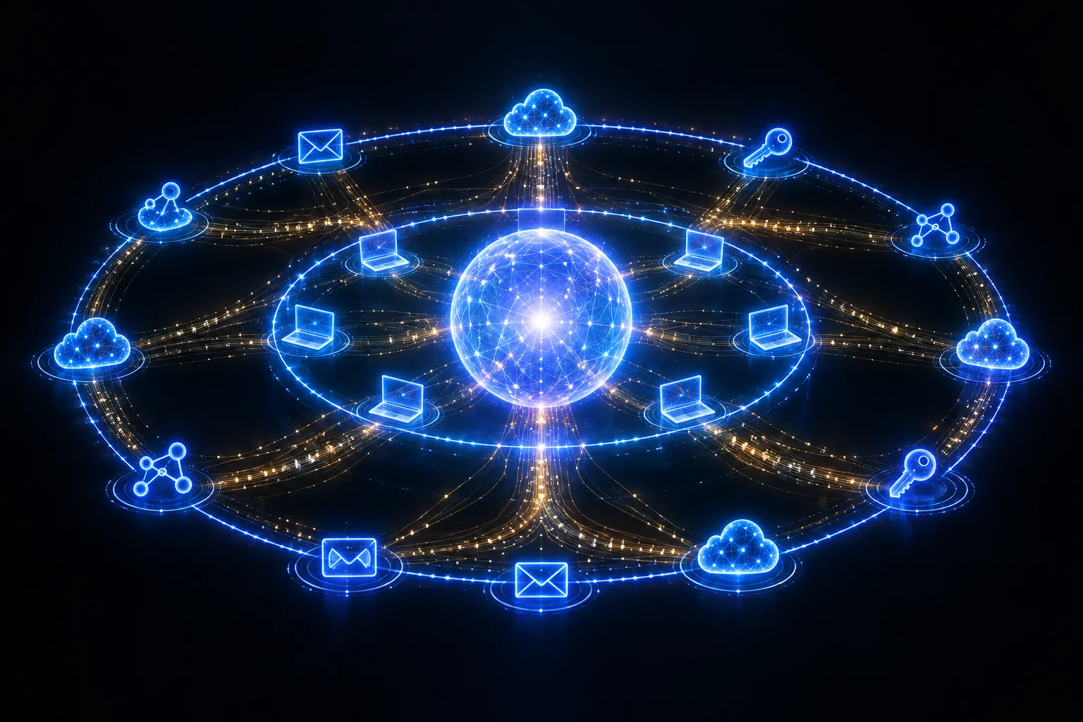 Ein zentraler leuchtender Knoten mit zwei konzentrischen Ringen, der innere für Endpoint-Signale, der äussere für Identität, Cloud und Netzwerk