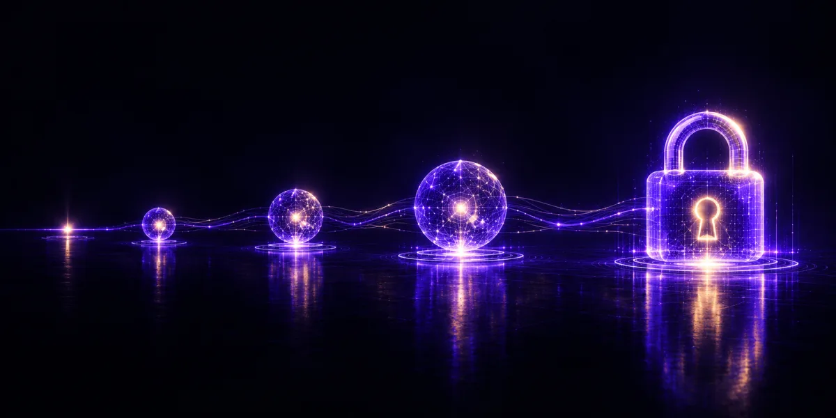 Five glowing stations on a timeline, from a small spark on the left to a large padlock on the right