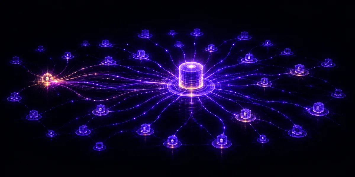 A network map of glowing nodes, violet light lines spreading from a single node across the whole network