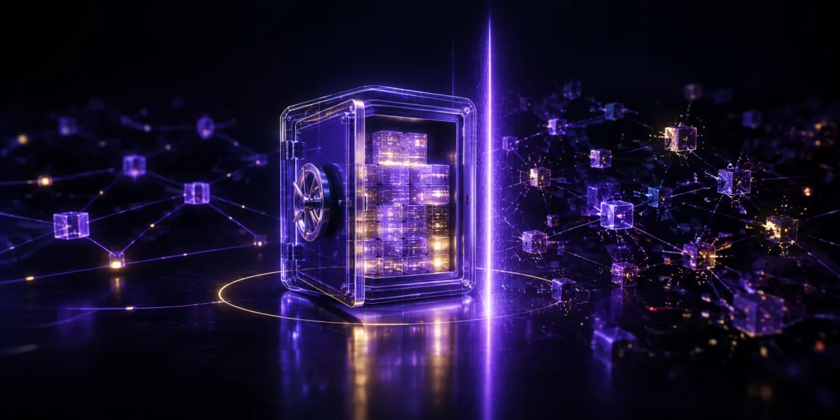 A glowing vault separated from the rest of the network, a thin light barrier in front, intact data blocks behind it