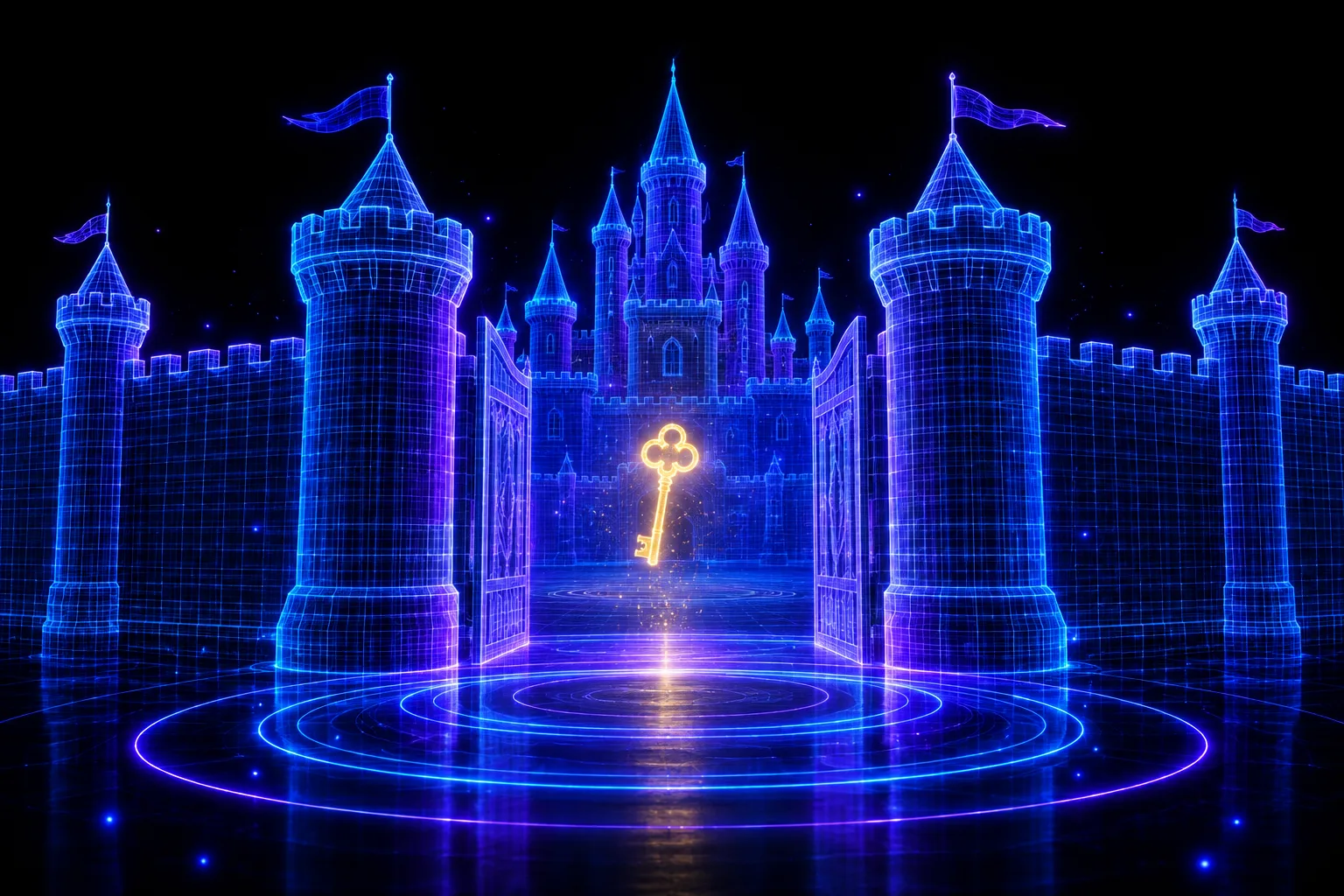 A holographic castle with a wall and an open gate, a glowing key silhouette slipping through