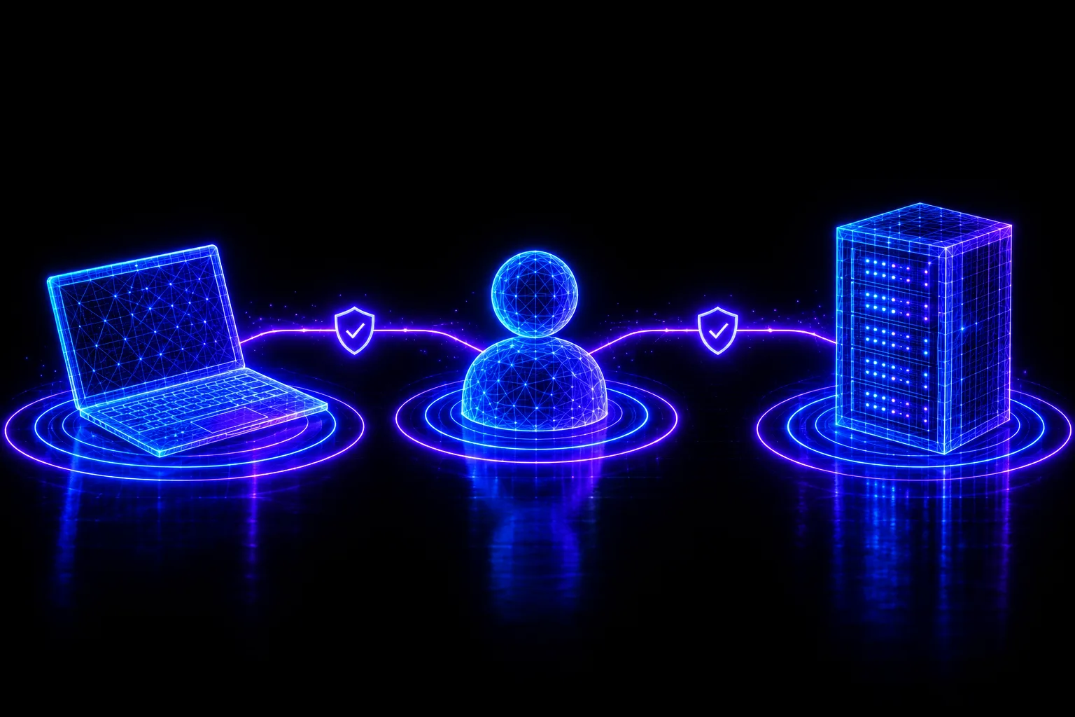 A laptop, a user icon and a server connected by light paths, with a glowing check mark on every connection