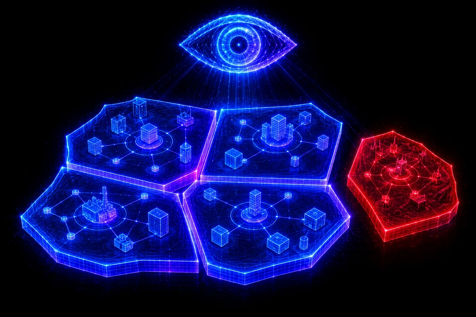 A network in separate glowing zones, one zone marked red and isolated, a central eye watching everything